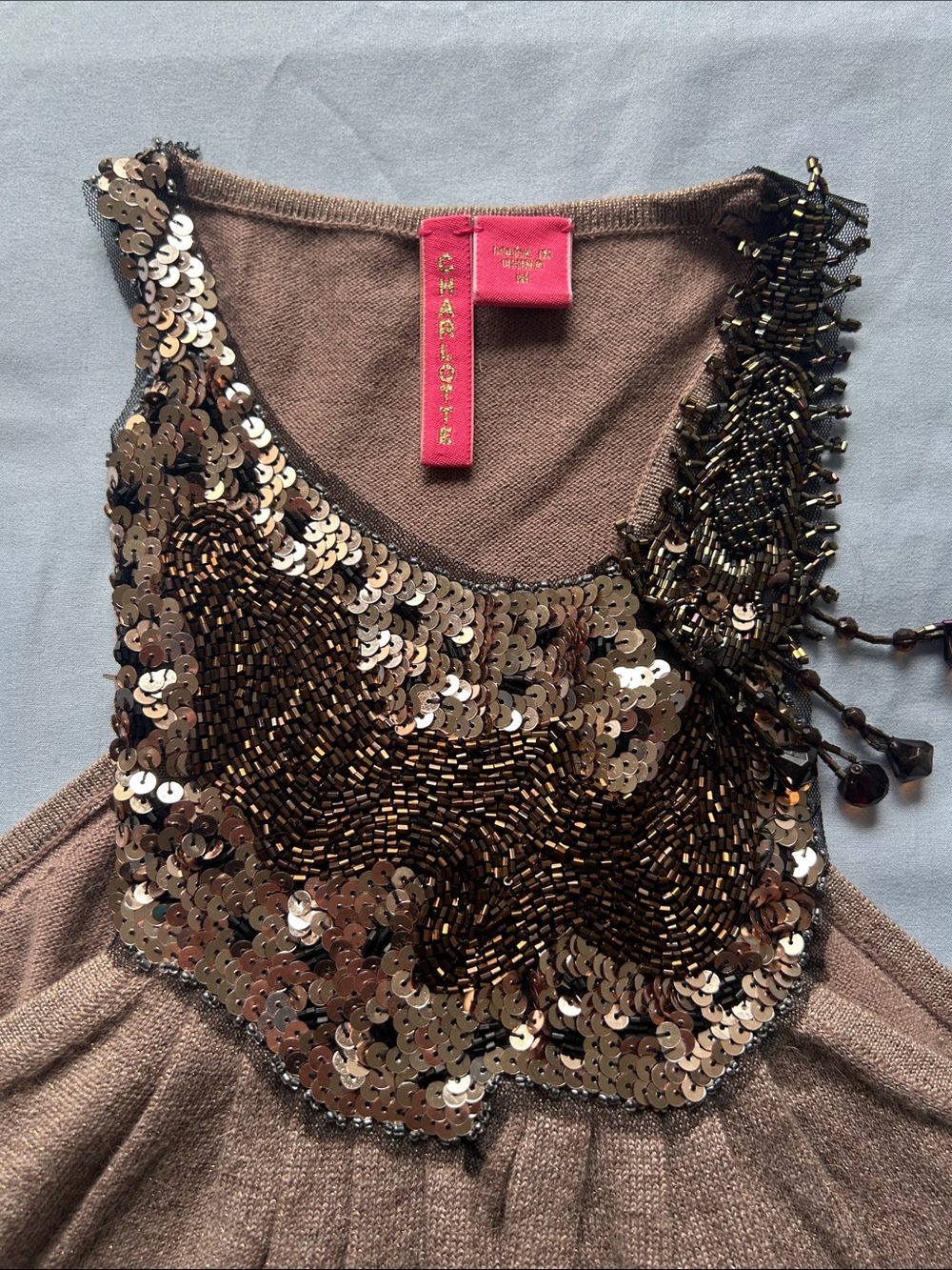 Charlotte Embellished Brown Sequin Beaded Tank Top